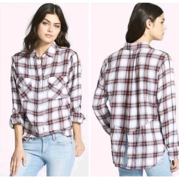 SAM EDELMAN Womens Shirt Riley Plaid Boyfriend Split Hem Button Up Zippers Med - Picture 2 of 12